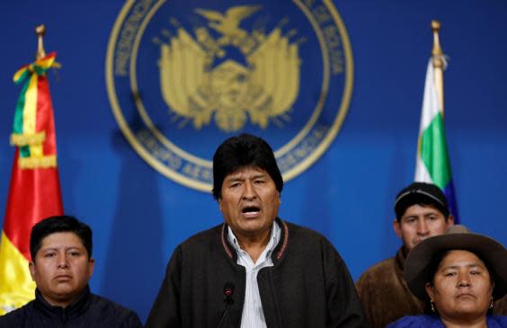 Bolivia’s President Evo Morales addresses the media (Reuters)