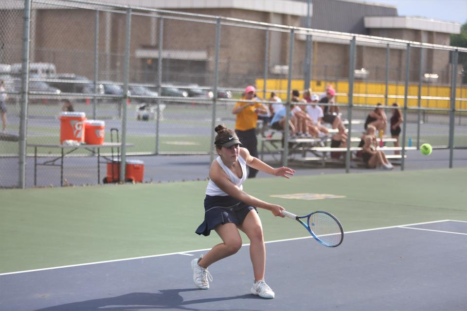 Delta girls tennis No. 1 singles senior Gwendolyn Clark won her match in the regional finals at Marion High School on Wednesday, May 25, 2022.