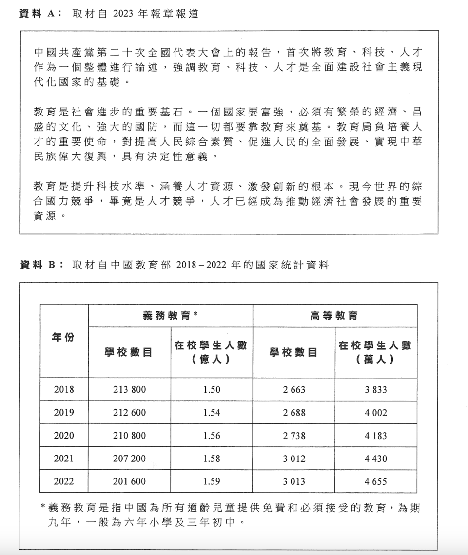 DSE 公民科資料冊載列中共二十大報告內容