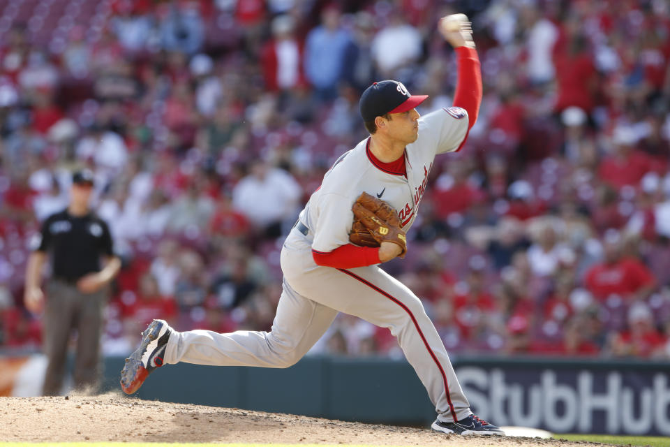 Washington Nationals' Sean Nolin pitches against the Cincinnati Reds during the seventh inning of a baseball game Sunday, Sept. 26, 2021, in Cincinnati. The Reds defeated the Nationals 9-2. (AP Photo/Jay LaPrete)