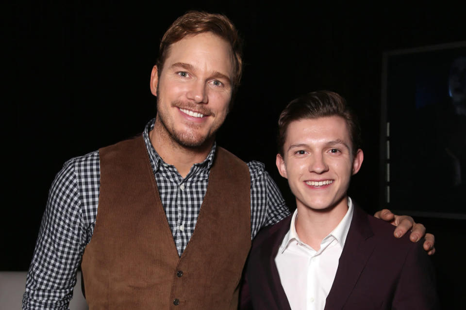 <p><i>Guardians of the Galaxy</i> star Chris Pratt and the new Spider-Man Tom Holland at CinemaCon at Caesars Palace on April 12. <i>(Photo: Todd Williamson/Getty Images)</i></p>