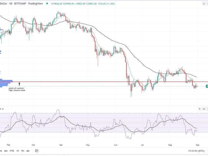 The bitcoin/U.S. dollar daily chart with its RSI metric (Glenn Williams Jr./TradingView)