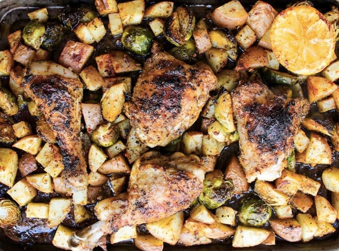 One-Pan Chicken with Lemon Garlic Potatoes and Brussels Sprouts