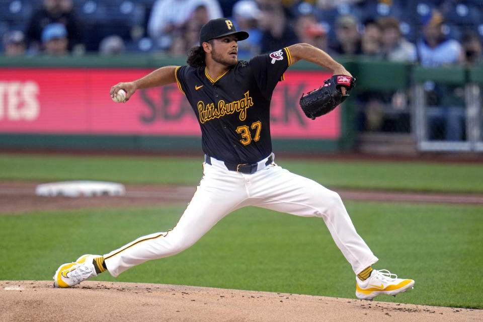 Pittsburgh Pirates starting pitcher Jared Jones delivers during the first inning of a baseball game against the Milwaukee Brewers in Pittsburgh, Monday, April 22, 2024. (AP Photo/Gene J. Puskar)