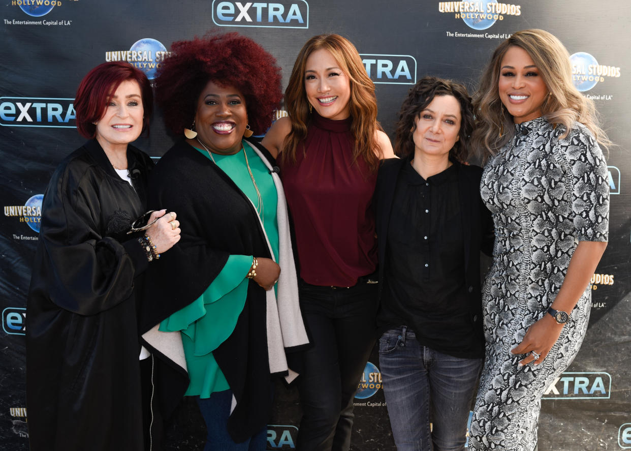 UNIVERSAL CITY, CALIFORNIA – FEBRUARY 19: Sharon Osbourne, Sheryl Underwood, Carrie Ann Inaba, Sara Gilbert and Eve visit “Extra” at Universal Studios Hollywood on February 19, 2019 in Universal City, California. (Photo by Noel Vasquez/Getty Images)