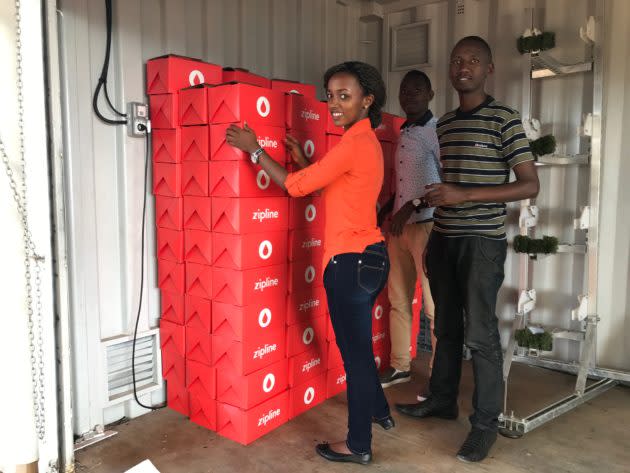 Boxes of blood are readied for drone delivery in Rwanda. (Zipline Photo)