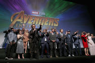 <p>Class photo! The whole group — A-list galore — took the stage inside the premiere. Robert Downey Jr. had some words for the crowd. (Photo: Getty Images) </p>