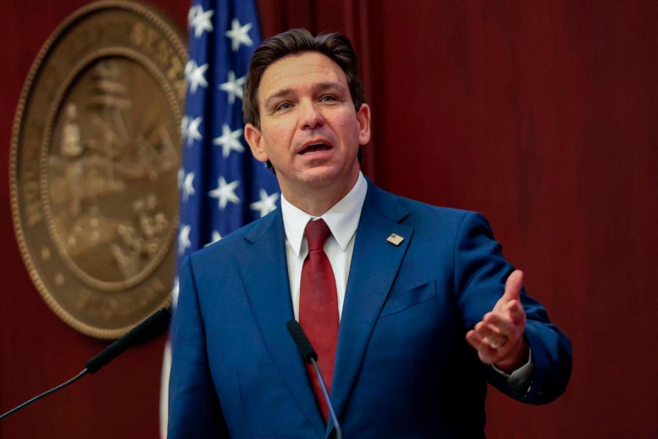 PHOTO: In this Jan. 9, 2024 file photo, Florida Gov. Ron DeSantis gives his State of the State address during a joint session of the Senate and House of Representatives in Tallahassee, Fla. (Gary Mccullough/AP, FILE)