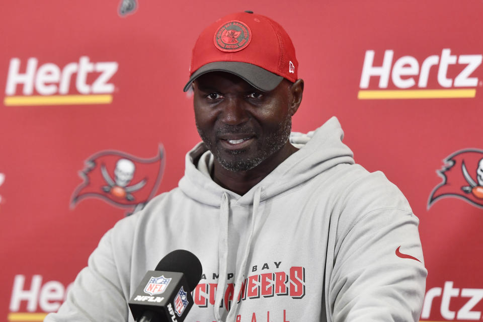 Tampa Bay Buccaneers Todd Bowles speaks at a news conference following an NFL football game against the Buffalo Bills, Thursday, Oct. 26, 2023, in Orchard Park, N.Y. (AP Photo/Adrian Kraus)