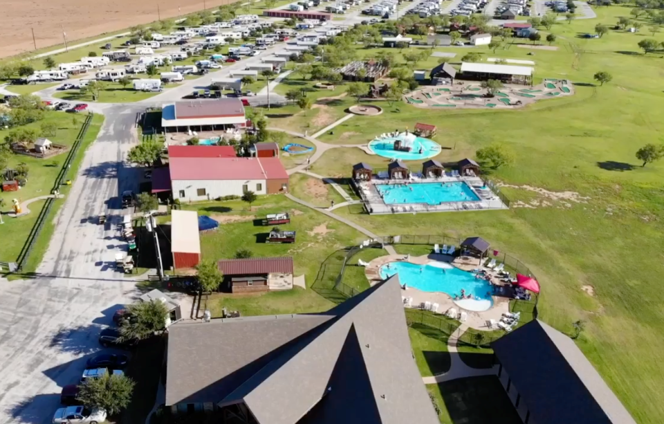 This is an aerial photograph of Coyote Ranch Resort Campground and Cabins.