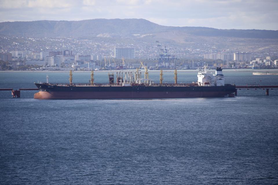 FILE - An oil tanker is moored at the Sheskharis complex, part of Chernomortransneft JSC, a subsidiary of Transneft PJSC, in Novorossiysk, Russia, on Oct. 11, 2022. Prices for Russian oil have risen well above a price cap imposed by Western allies as part of sanctions over the invasion of Ukraine. (AP Photo, File)