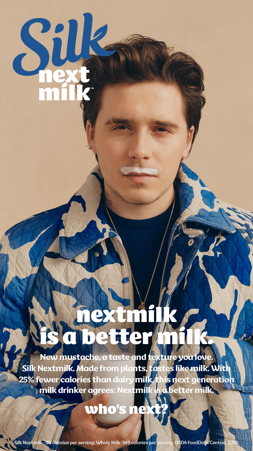 Peltz Beckham's ad for Silk Nextmilk, where he recreates the iconic milk mustache his dad, David Beckham, posed with in a 