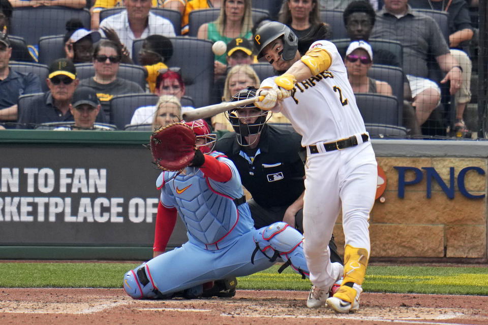 Pittsburgh Pirates' Connor Joe (2) hits a double off St. Louis Cardinals starting pitcher Jordan Montgomery, driving in two runs, during the sixth inning of a baseball game in Pittsburgh, Saturday, June 3, 2023. (AP Photo/Gene J. Puskar)