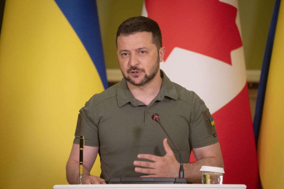 Ukrainian President Volodymyr Zelenskyy speaks during joint press conference with Canada's Prime Minister Justin Trudeau in Kyiv, Ukraine, on Saturday, June 10, 2023. (AP Photo/Efrem Lukatsky)