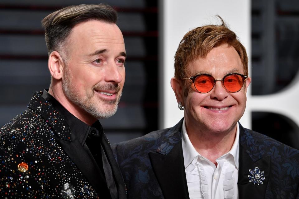 On the mend: Sir Elton John with his husband David Furnish: Pascal Le Segretain/Getty