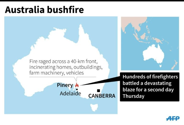 Map of Australia locating a deadly bushfire in Pinery. 90 x 61 mm