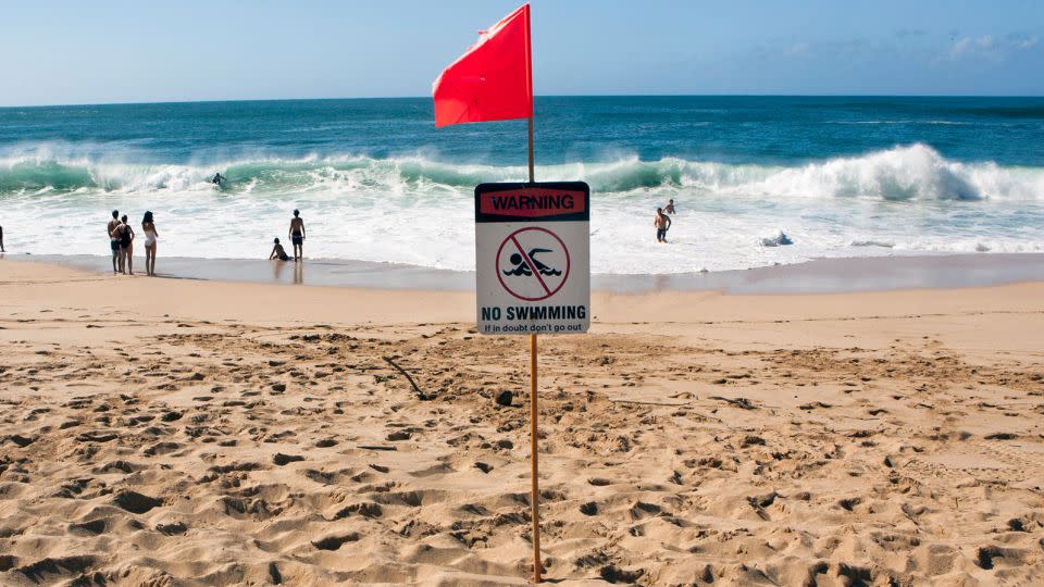 People swim in the surf at Waimea Bay Beach Park on the North Shore of Oahu, Hawaii, under a warning flag. Experts say do not underestimate the power of waves, even if there is no official warning. - Caleb Jones/AP