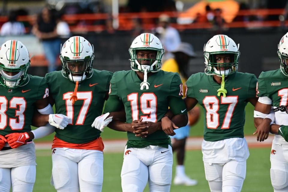 Florida A&M University plays walked interlocked during pregame against Southern at Bragg Memorial Stadium, Tallahassee, Florida, Saturday, Nov. 5, 2022