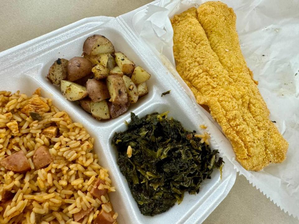 Fried catfish, jambalaya, vegetables and Cajun spiced potatoes at Always Cooking NOLA in River Oaks, shown June 1, 2024.