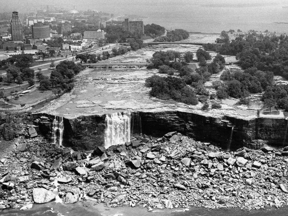 Niagara Falls dried up after the construction of a cofferdam in the background on June 21, 1969.