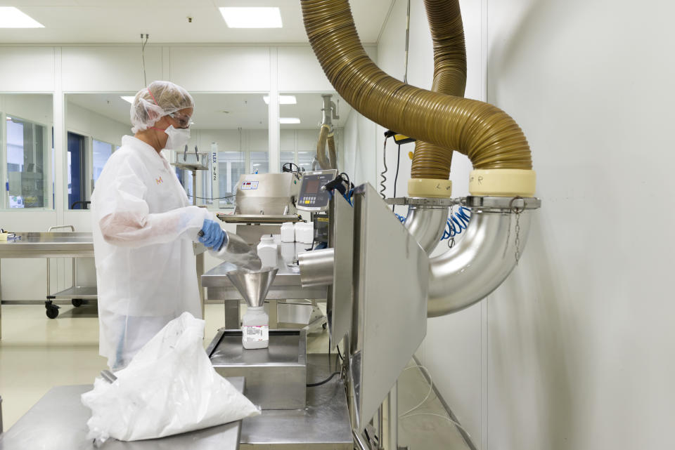 Filling of Merck's synthetic cholesterol, a key component of mRNA-based vaccines and therapeutics, at the company's Darmstadt facility