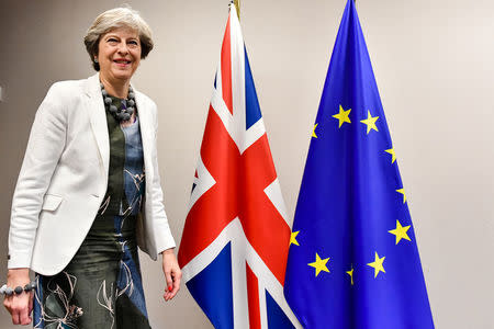 Britain's Prime Minister Theresa May arrives for a meeting with European Council President Donald Tusk at a European Union leaders summit in Brussels, Belgium October 20, 2017. REUTERS/Geert Vanden Wijngaert/Pool