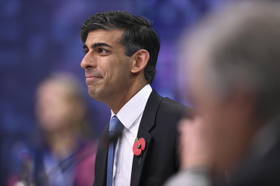 Britain's Prime Minister Rishi Sunak attends the second day of the UK Artificial Intelligence (AI) Safety Summit, at Bletchley Park, in Bletchley, England, Thursday, Nov. 2, 2023. U.S. Vice President Kamala Harris and British Prime Minister Rishi Sunak joined delegates Thursday at a U.K. summit focused on containing risks from rapid advances in cutting edge artificial intelligence. (Leon Neal/Pool Photo via AP)