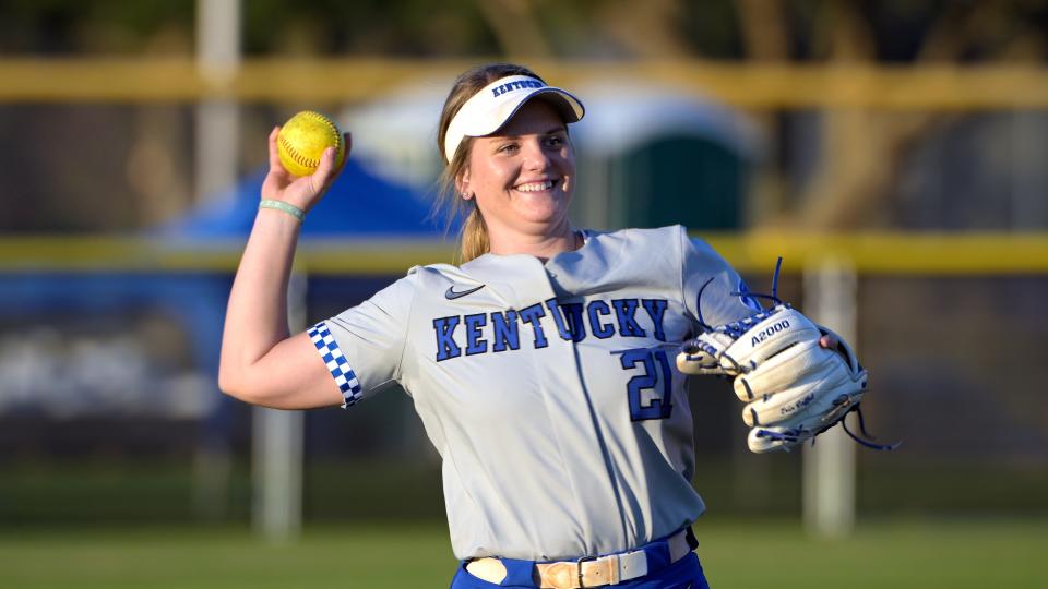 Kentucky infielder Erin Coffel (21) during an NCAA softball game against Wisconsin on Thursday, Feb. 10, 2022, in Leesburg, Fla. (AP Photo/Phelan M. Ebenhack)