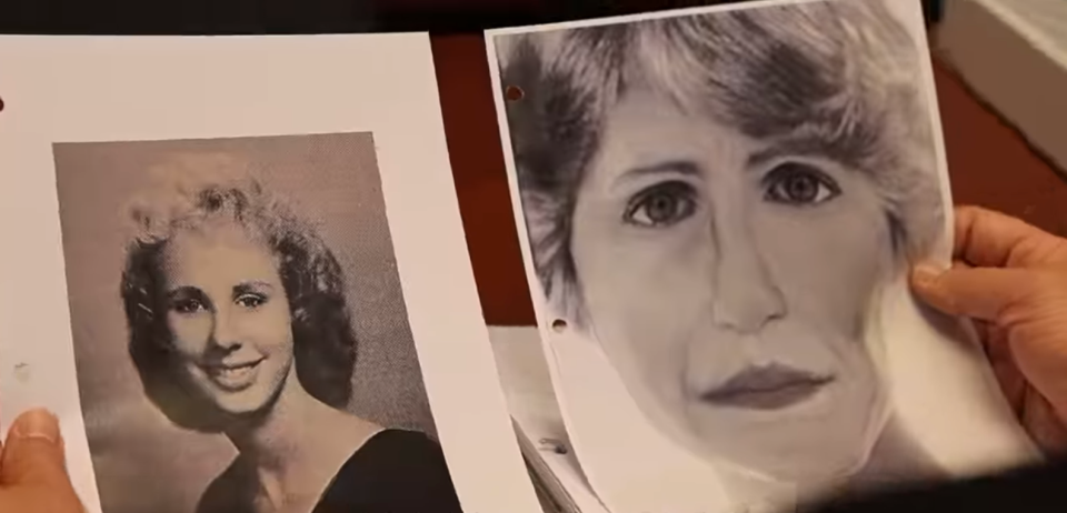 A St. Johns County Sheriff's Office cold case detective holds a photo of Mary Alice Pultz, left, who was last seen in 1968 and a composite rendering. Skeletal remains that were found in Crescent Beach in 1985 have been identified as Pultz.