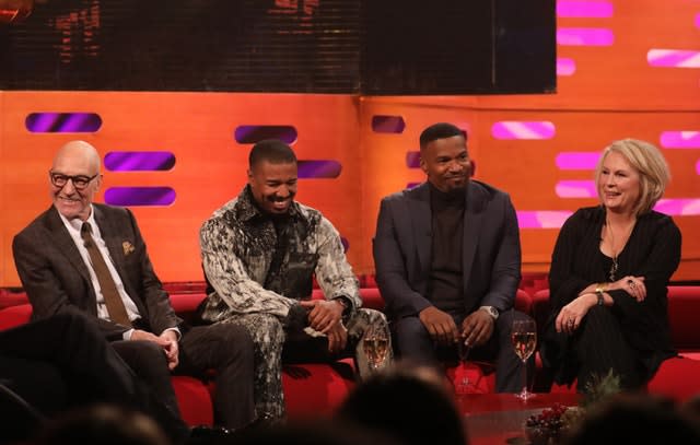 Sir Patrick Stewart, Michael B Jordan, Jamie Foxx and Jennifer Saunders on the Graham Norton Show 