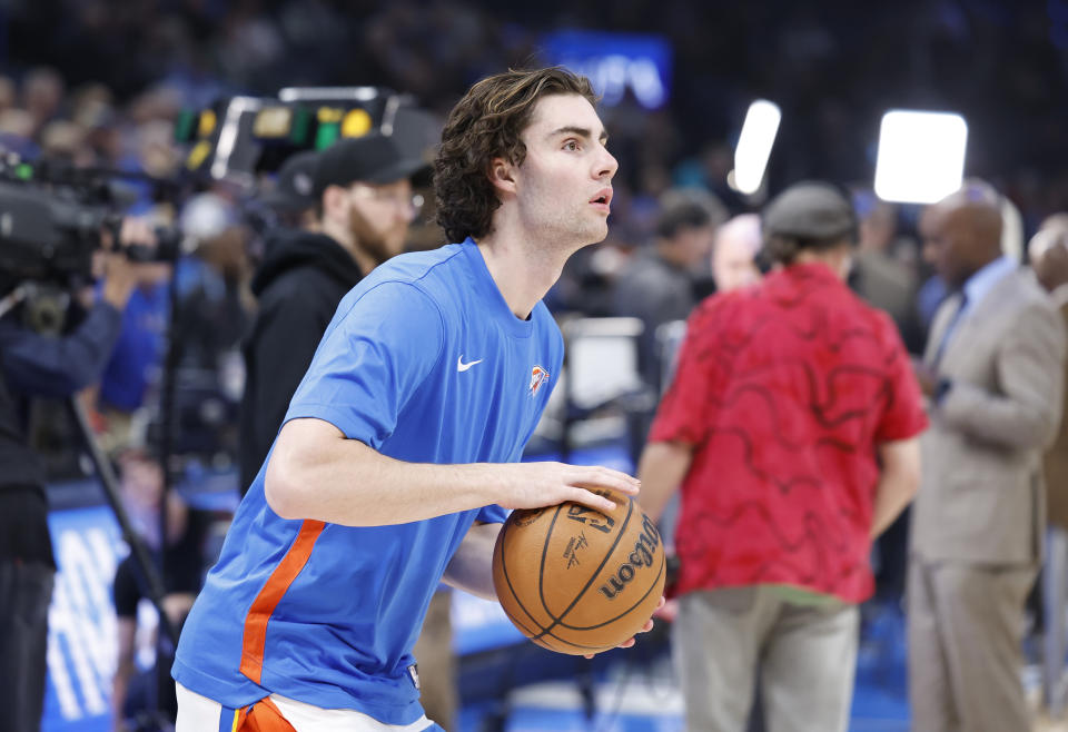 Dec 18, 2023; Oklahoma City, Oklahoma, USA; Oklahoma City Thunder guard Josh Giddey (3) warms up before the start of a game against the Memphis Grizzlies at Paycom Center. Mandatory Credit: Alonzo Adams-USA TODAY Sports