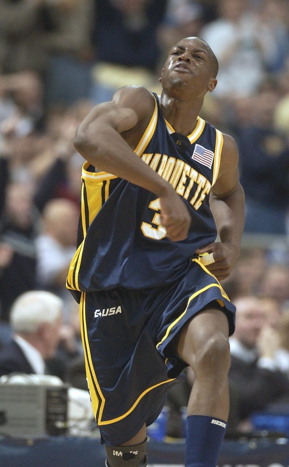 MU, SPT, TOM LYNN,12.-MU's Dwyane Wade reacts to a shot over Kentucky. Wade was to much for Kentkuy and Marquette advances to the final four.