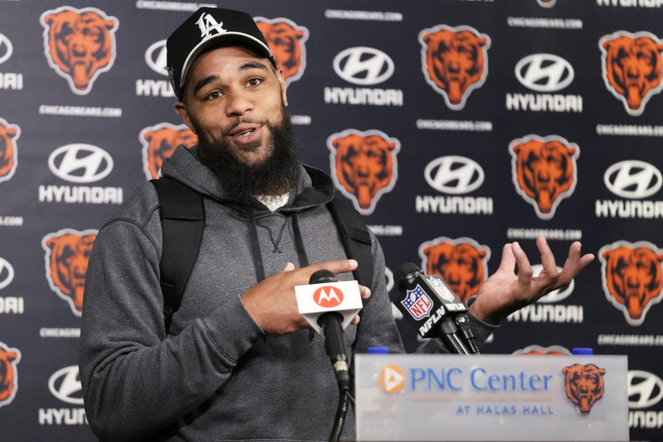 Chicago Bears wide receiver Keenan Allen speaks at a news conference following practice at the NFL football teams minicamp in Lake Forest, Ill., Tuesday, June 4, 2024. (AP Photo/Nam Y. Huh)