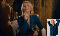 <p>Amanda took a big swing by turning up at the pub to try her luck at a second date with Iris's handsome brother Graham.</p> <p>Fortunately, her confidently casual teal top fit the vibe perfectly. Roots' cable-knit cotton-and-cashmere cardigan has a similar vibe: eye-catching, but not too try-hard, and supremely comfy. What's not to love?</p> <p><strong>Buy It!</strong> Cable Cardigan Sweater, $178; <a href="https://www.roots.com/us/en/cable-cardigan-sweater-53549785.html" rel="nofollow noopener" target="_blank" data-ylk="slk:roots.com;elm:context_link;itc:0;sec:content-canvas" class="link ">roots.com</a></p>