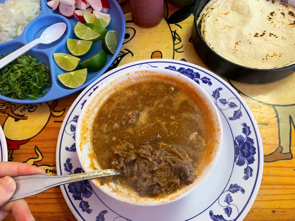 Super Tacos los Cuais serves birria de chivo, or goat meat birria.