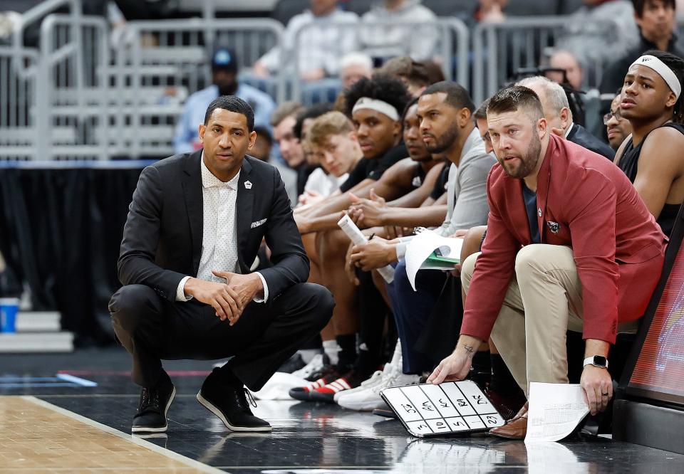 Missouri State head coach Dana Ford, left, during a Missouri Valley Conference Tournament game against Southern Illinois, Friday, March 3, 2023, at Enterprise Center in St. Louis. 