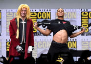 <p>Ezra Miller and Ray Fisher at the Warner Bros. Pictures Presentation at Comic-Con on July 22, 2017 in San Diego. (Photo by Kevin Winter/Getty Images) </p>