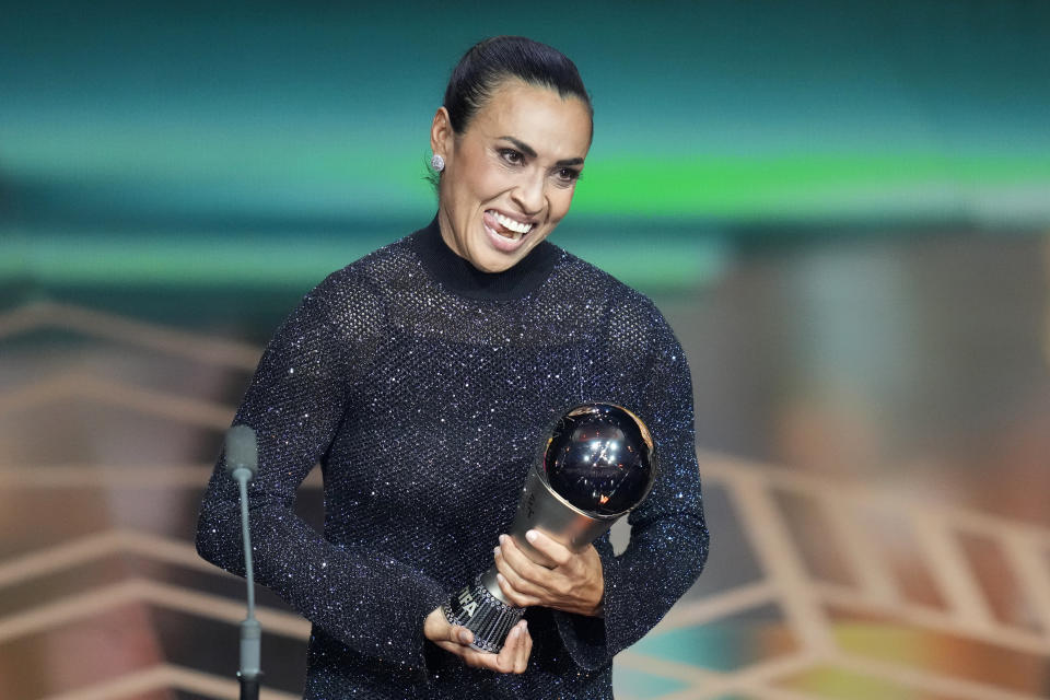 Brazil's soccer player Marta accepts the FIFA Special award for her outstanding career achievements during the FIFA Football Awards 2023 at the Eventim Apollo in Hammersmith, London, Monday, Jan. 15, 2024. (AP Photo/Kirsty Wigglesworth)