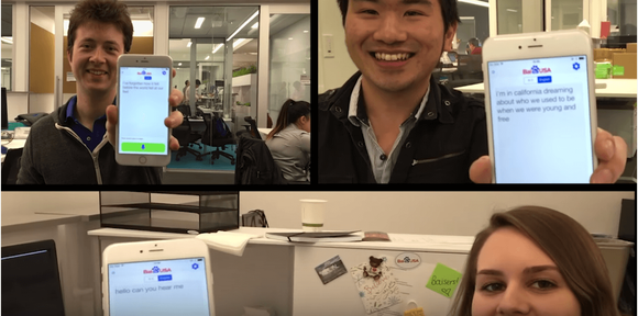 Three people holding smartphones showing a Baidu app.