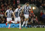 Britain Soccer Football - Liverpool v West Bromwich Albion - Premier League - Anfield - 22/10/16 West Bromwich Albion's Gareth McAuley celebrates scoring their first goal with Chris Brunt Reuters / Phil Noble Livepic