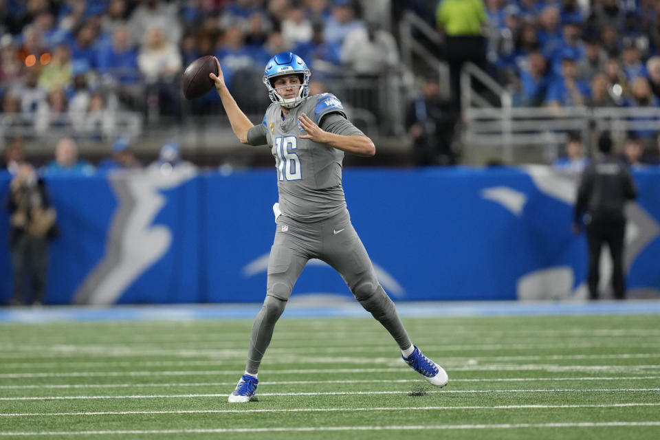 Detroit Lions quarterback Jared Goff throws during the first half of an NFL football game against the Las Vegas Raiders, Monday, Oct. 30, 2023, in Detroit. (AP Photo/Paul Sancya)