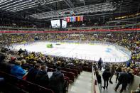 The rink is prepared ahead of the IIHF World Junior Championship Group B preliminary round ice hockey match between Sweden and Finland at Malmo Arena in Malmo, December 28, 2013. REUTERS/Ludvig Thunman/TT News Agency (SWEDEN - Tags: SPORT ICE HOCKEY) ATTENTION EDITORS - THIS IMAGE HAS BEEN SUPPLIED BY A THIRD PARTY. IT IS DISTRIBUTED, EXACTLY AS RECEIVED BY REUTERS, AS A SERVICE TO CLIENTS. SWEDEN OUT. NO COMMERCIAL OR EDITORIAL SALES IN SWEDEN. NO COMMERCIAL SALES