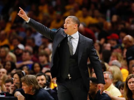 May 19, 2018; Cleveland, OH, USA; Cleveland Cavaliers head coach Tyronn Lue calls a play during the second half against the Boston Celtics in game three of the Eastern conference finals of the 2018 NBA Playoffs at Quicken Loans Arena. Mandatory Credit: Rick Osentoski-USA TODAY Sports