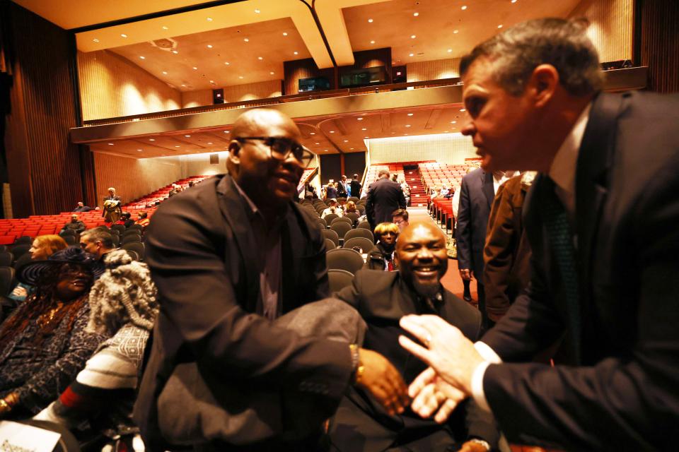 From left, Delano Kian, Pastor Nice Maunis, and Mayor Robert Sullivan during his State of the City address at the Nelson Auditorium on the campus of Brockton High School on Thursday, March 16, 2023.