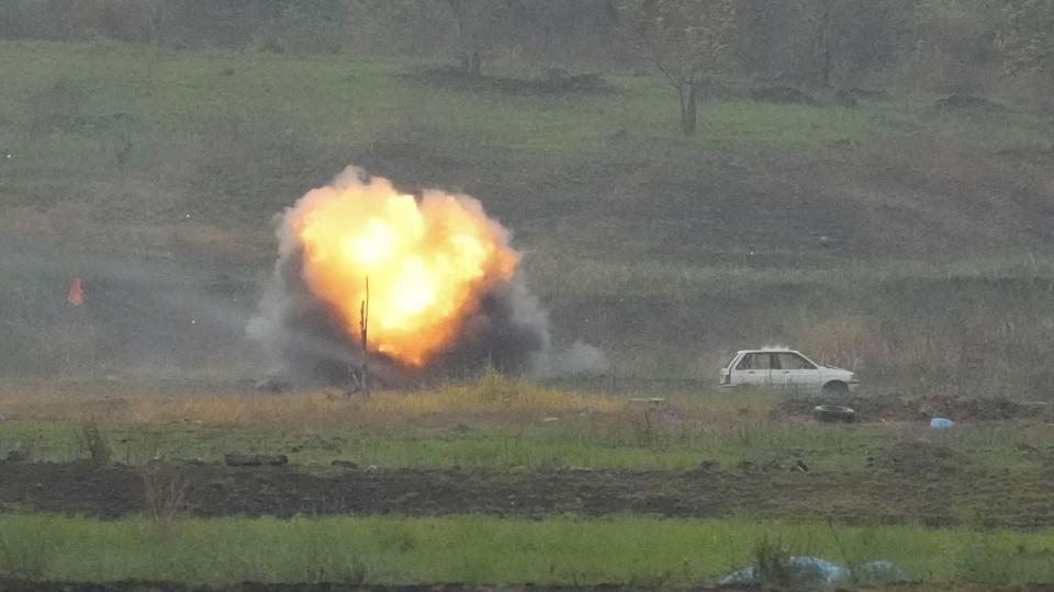 A Javelin anti-tank missile hits a target during a joint military exercise between the U.S. and Philippines on April 13, 2023. (Aaron Favila/AP)