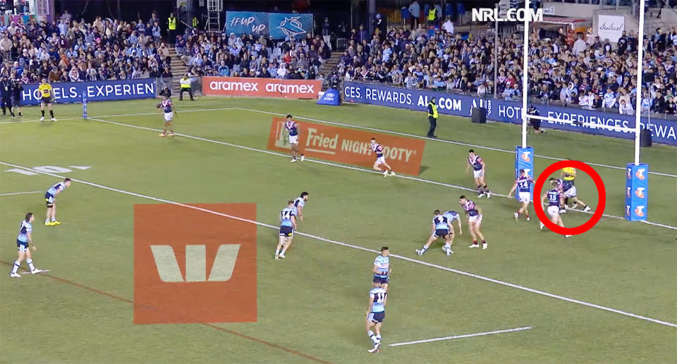 Seen here, James Tedesco charging down Cronulla's field goal attempt in the NRL finals.