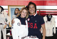 Skateboaders Jordyn Barratt, left, and Heimana Reynolds participate in the Team USA Tokyo Olympic closing ceremony uniform unveiling at the Ralph Lauren SoHo Store on April 13, 2021, in New York. Ralph Lauren is an official outfitter of the 2021 U.S. Olympic Team. (Photo by Evan Agostini/Invision/AP)