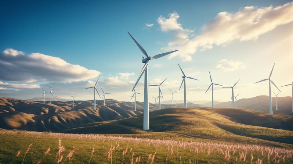 A wind farm with turbines rotating in unison, showing the power of renewable energy.