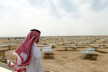 FILE PHOTO: Saudi man looks at the solar plant in Uyayna, north of Riyadh, Saudi Arabia April 10, 2018. Picture taken April 10, 2018. REUTERS/Faisal Al Nasser/File Photo