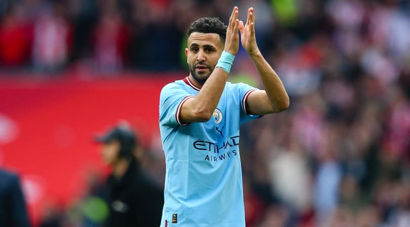   Riyad Mahrez applauds the Manchester City fans at Wembley after their 3-0 win over Sheffield United in the FA Cup semi-finals in April 2023. 